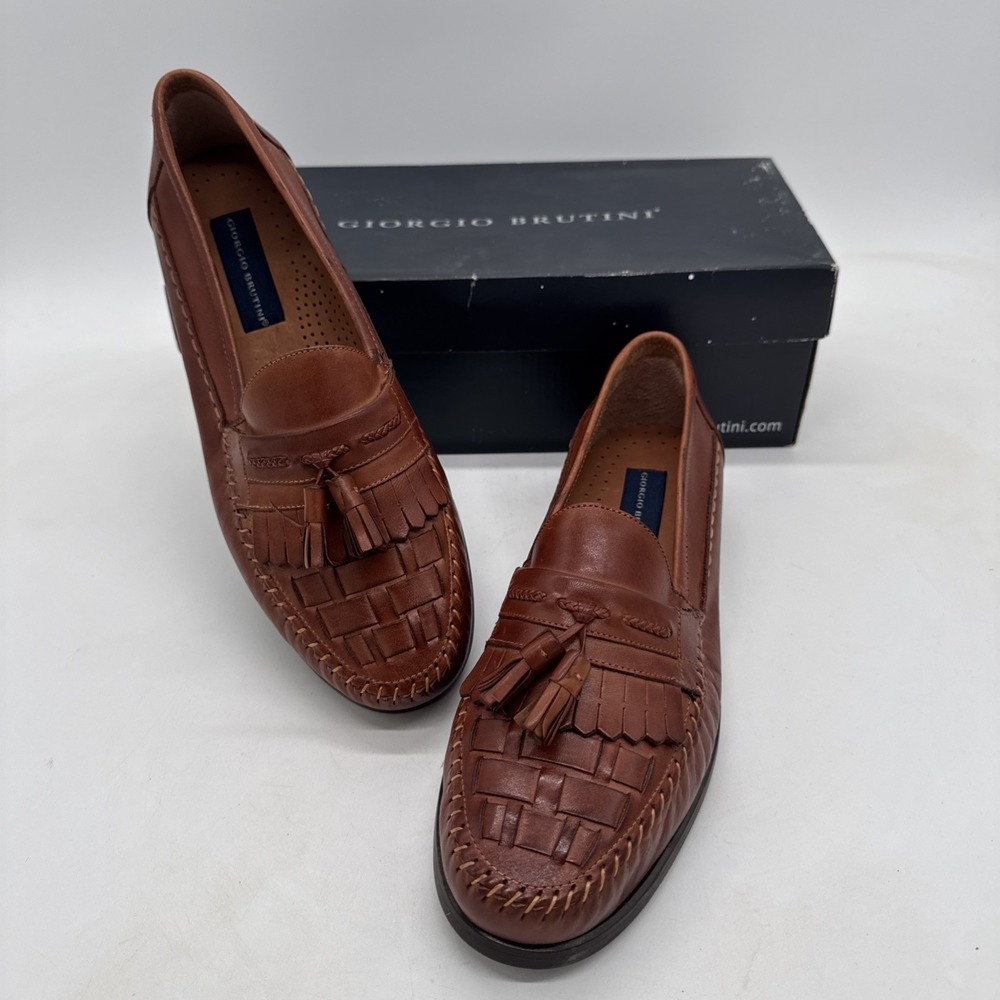 Giorgio Brutini Men's Woven Tassel Loafers Brown Leather Shoes 10M